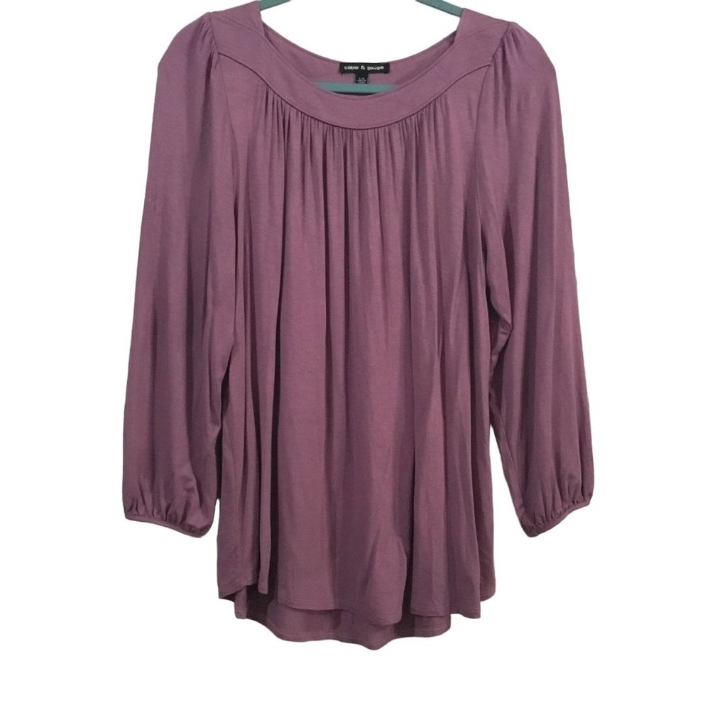 Cable & Gauge Purple Pleated Puff Shoulder Balloon Sleeve Casual Stretch Blouse